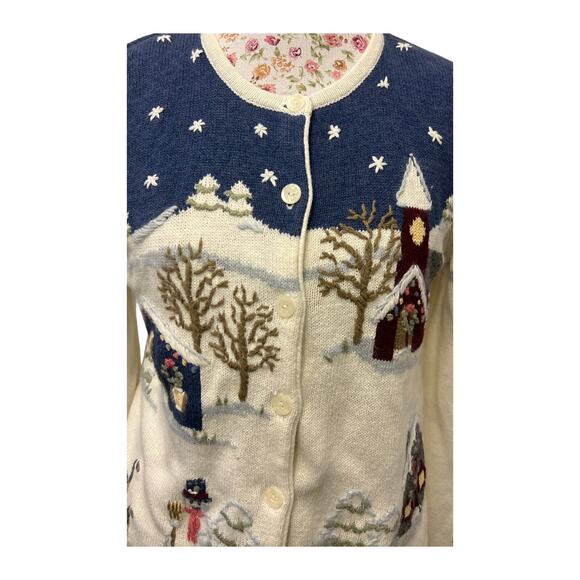 ❄️ Christopher & Banks S Hand Embroidered Cardigan – Winter Snow Scene Sweater - Picture 2 of 5